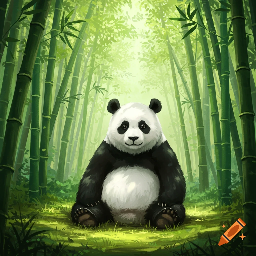 A cute, fluffy panda sits upright in a vibrant green bamboo forest, illustrated art style.