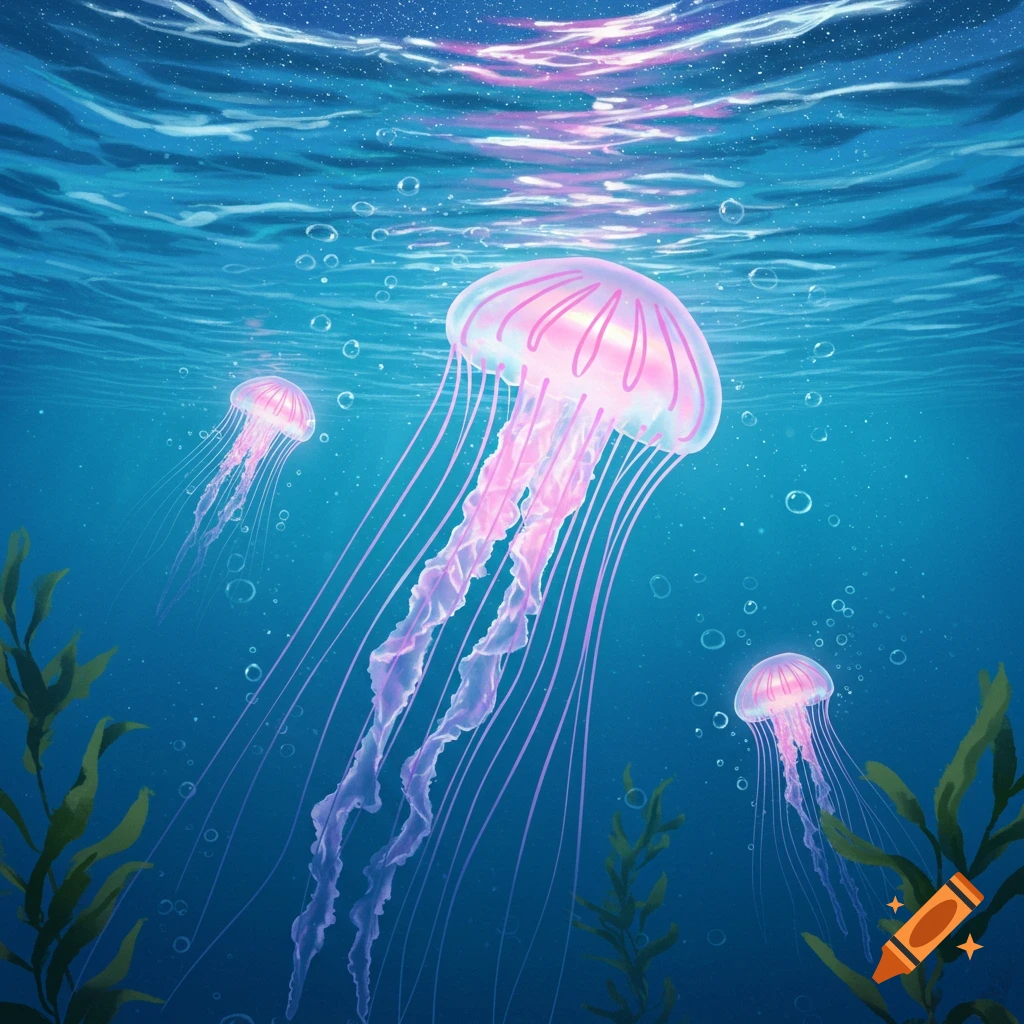 Vibrant illustration of glowing pink jellyfish swimming in deep blue water with light rays, bubbles, and seaweed.