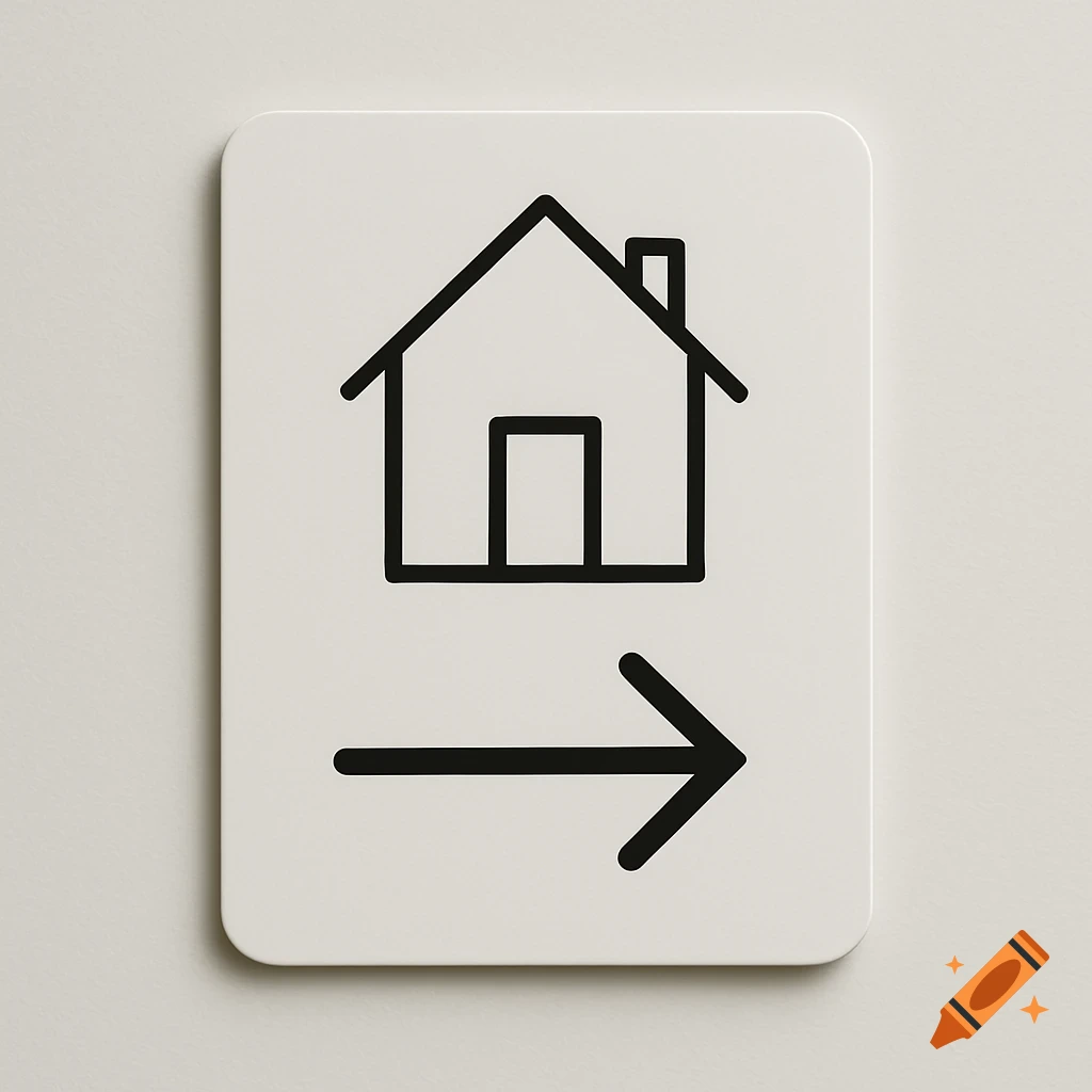 Minimalist black line icon of a house above a right-pointing arrow on a white rounded plaque.