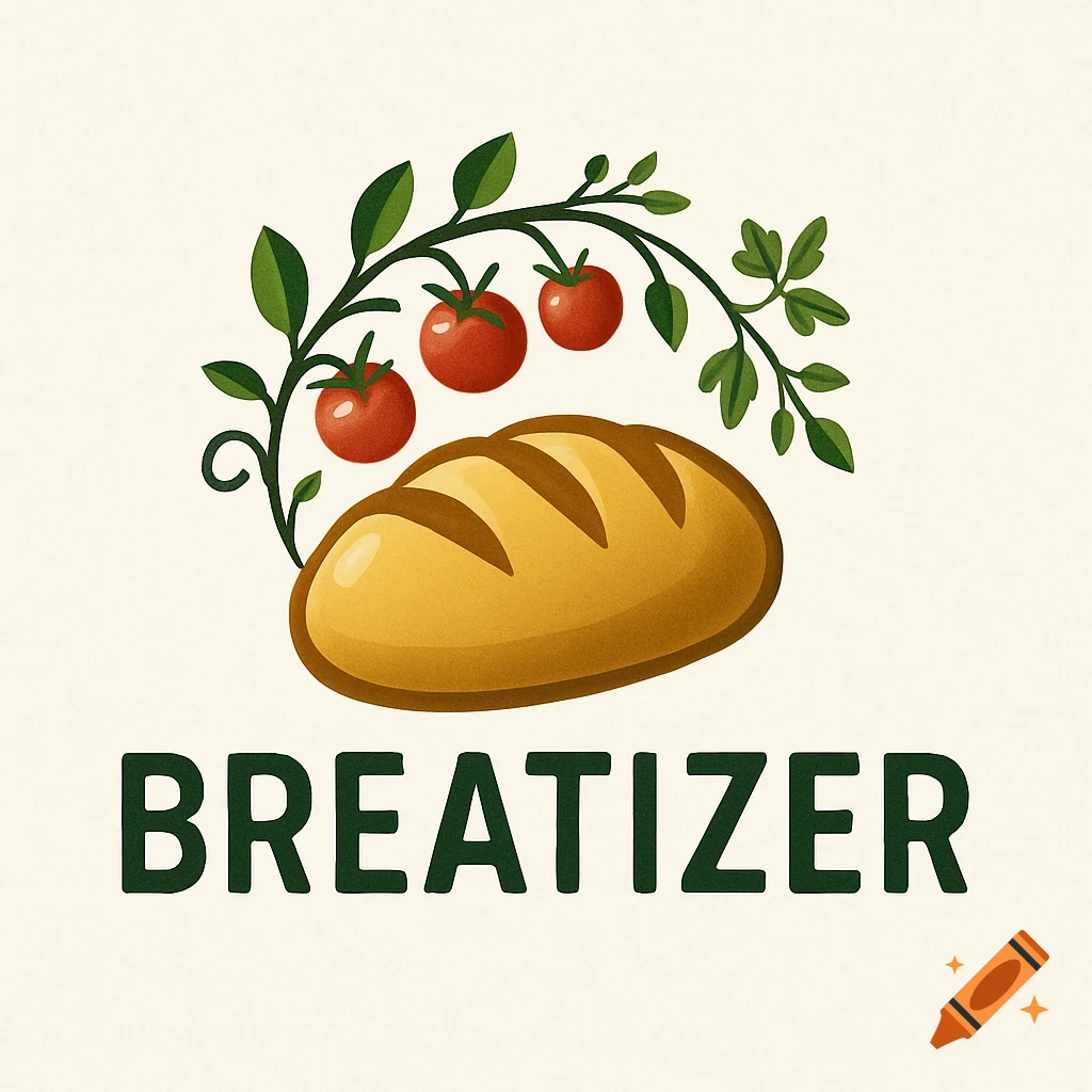 A stylized logo featuring a loaf of bread, three red tomatoes on a leafy branch, and the text 'BREATIZER' below, on a light background.