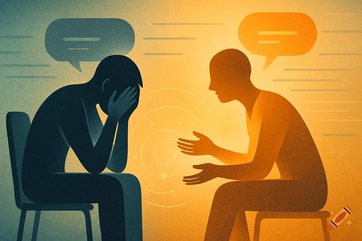 Abstract illustration of two stylized figures in a counseling session, one distressed and one offering comfort.