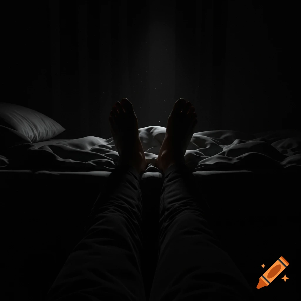 POV of bare feet and legs in dark pants on a rumpled bed in a dimly lit room, with dust motes visible in a single light beam.