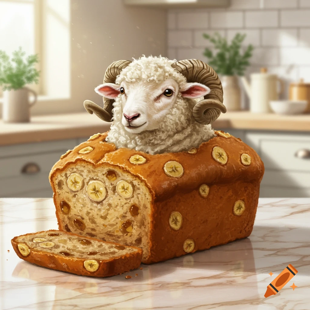 A sheep's head and shoulders emerge from a loaf of banana bread on a marble counter in a kitchen, with a sliced piece next to it.