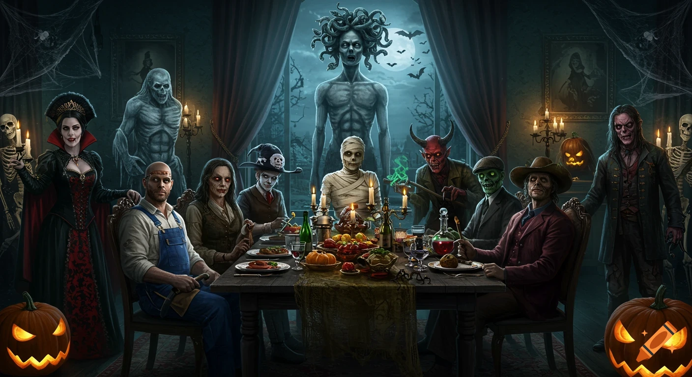 Photorealistic monster Halloween dinner party in a haunted mansion with vampires, mummies, zombies, and other creatures at a table.