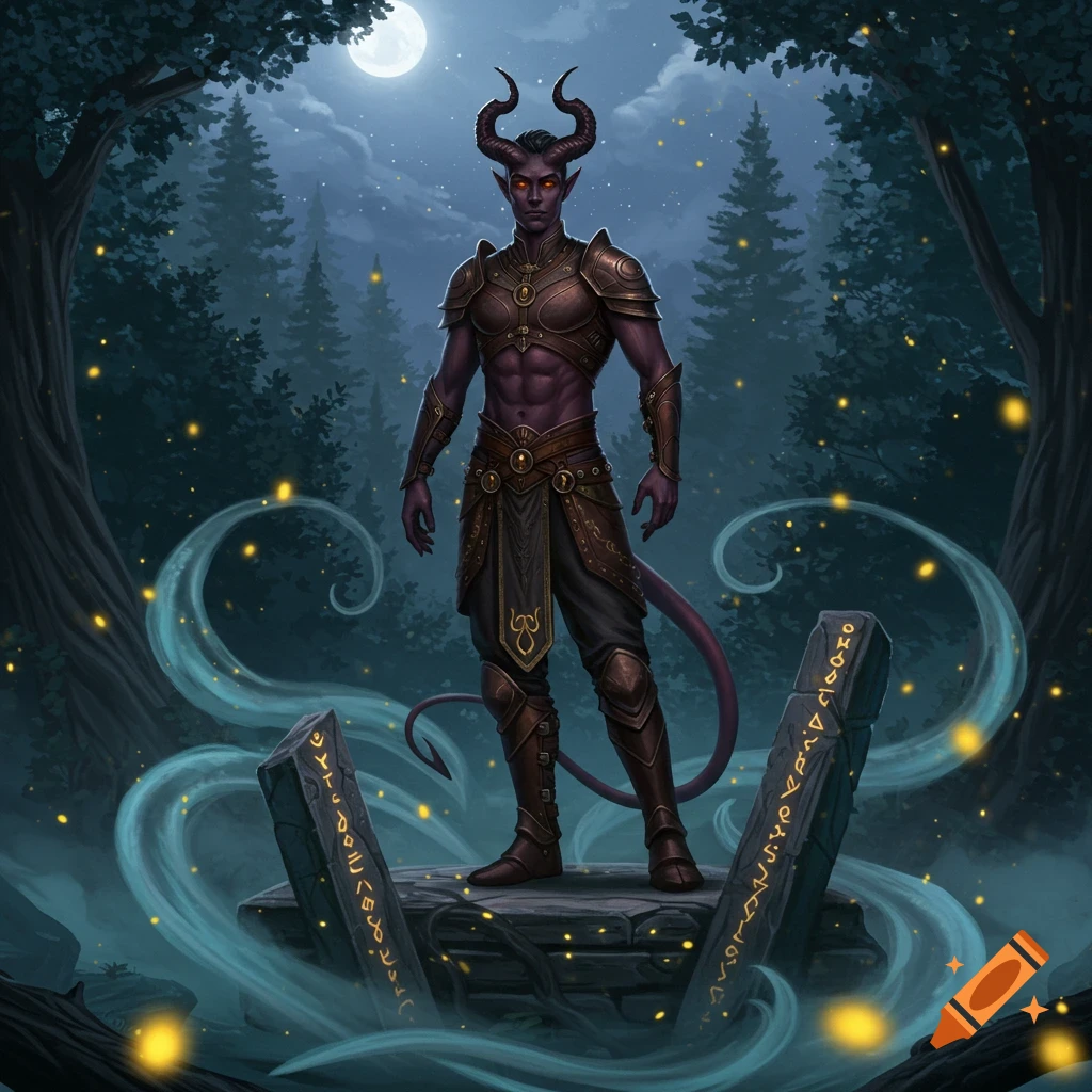 A dark-skinned, horned fantasy man in armor stands on stone ruins in a glowing, moonlit forest at night.