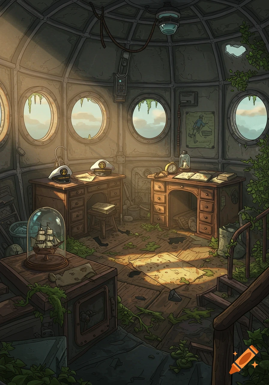Detailed cartoon of an abandoned, overgrown futuristic lighthouse interior with nautical items and sunlight through portholes.
