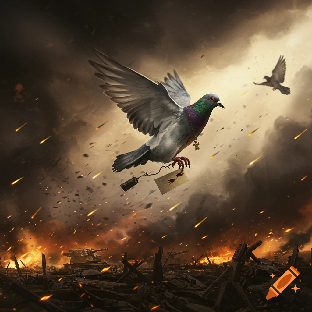 A heroic pigeon, wearing a cross, flies through a fiery, war-torn landscape, carrying a blood-stained letter.