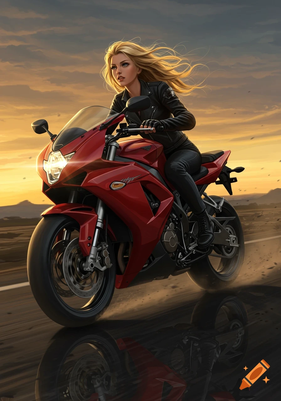 Blonde woman in a black leather jacket and pants rides a red motorcycle on a road at sunset, with a reflection on the ground.