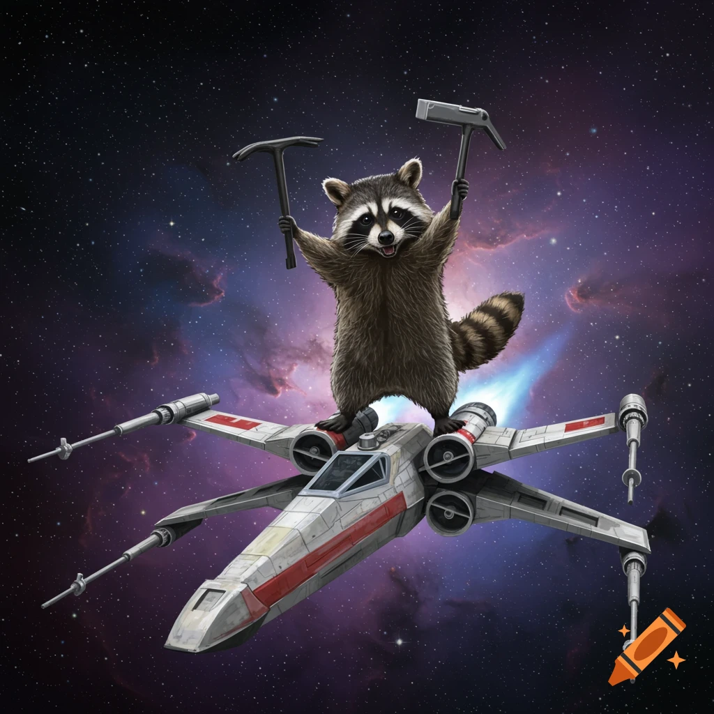 A fluffy raccoon stands atop a Star Wars X-wing starfighter in space, holding a hammer and an ice pick.