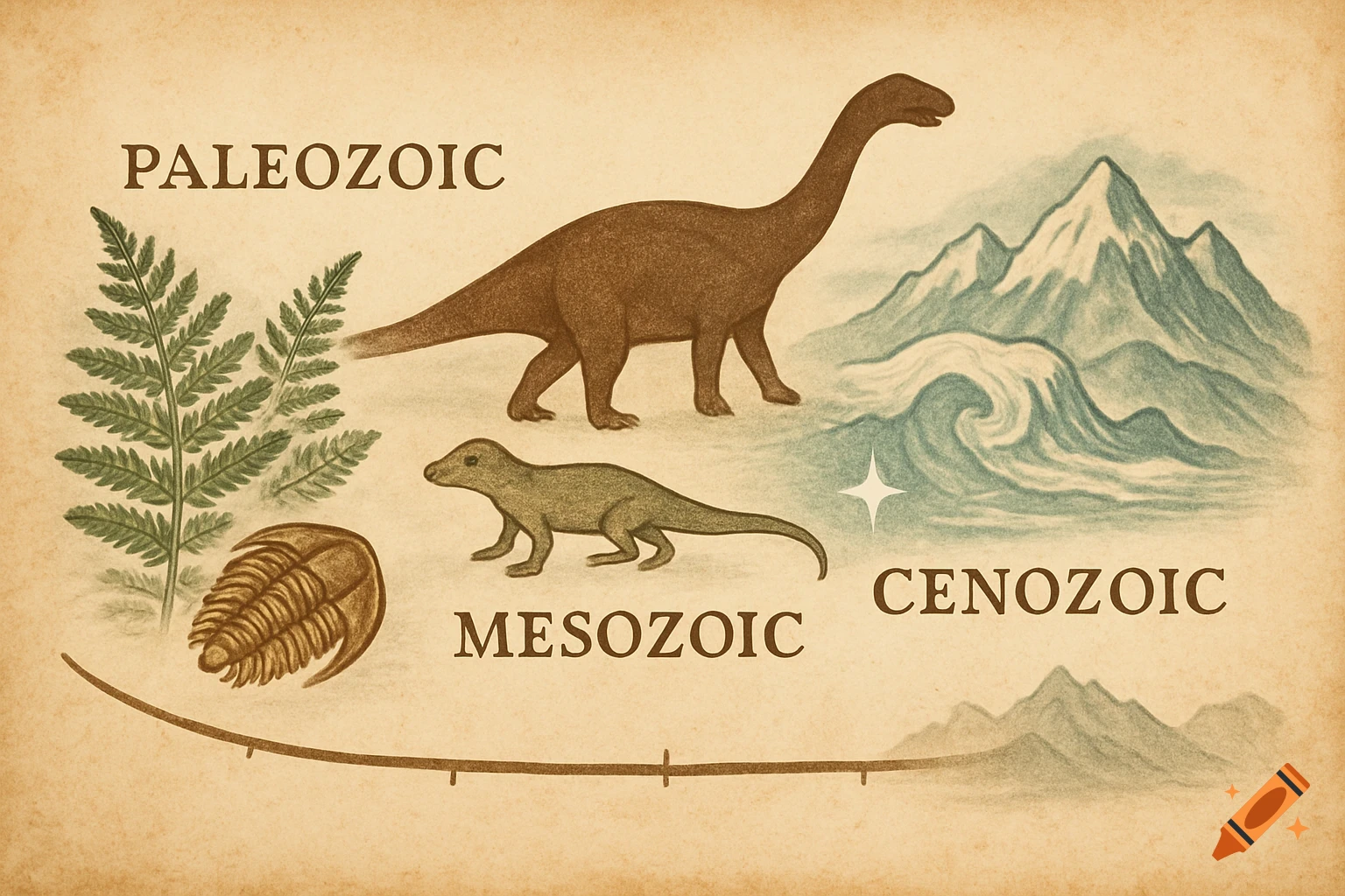 Vintage illustration of Earth's Paleozoic, Mesozoic, and Cenozoic eras with dinosaurs, plants, and mountains.