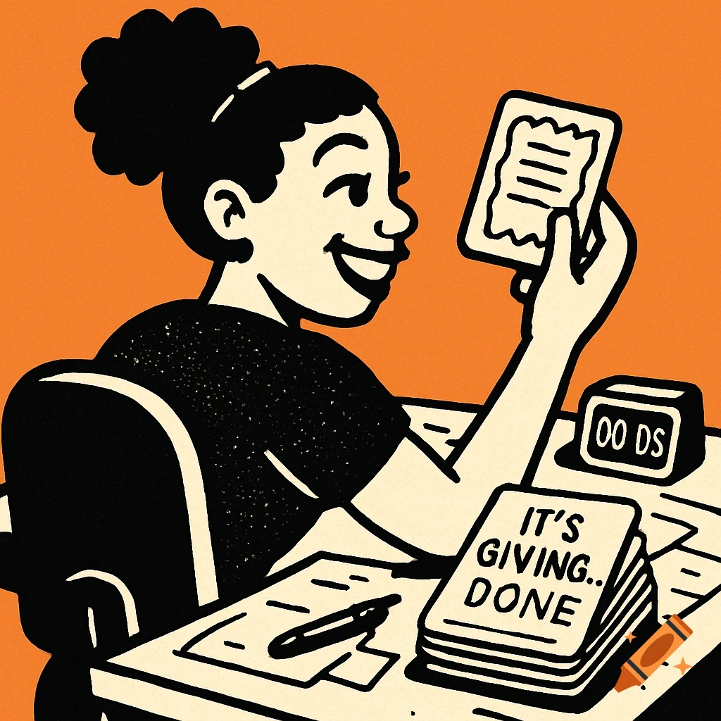 A smiling African American woman at a desk with cards, one reading 'It's Giving...Done', in a black and white clipart style on an orange background.