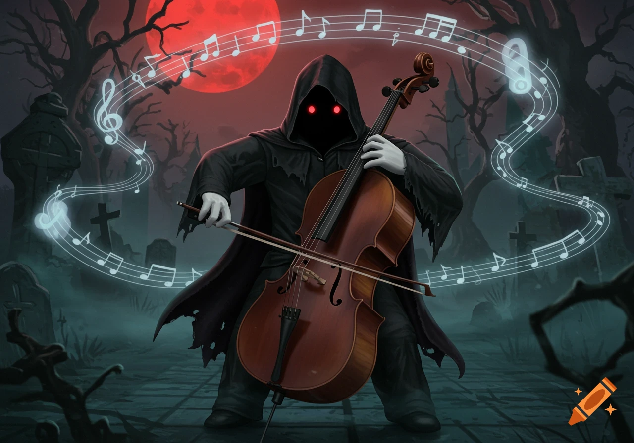 A cloaked figure with glowing red eyes plays a cello in a dark, spooky graveyard under a blood-red moon, with musical notes floating.