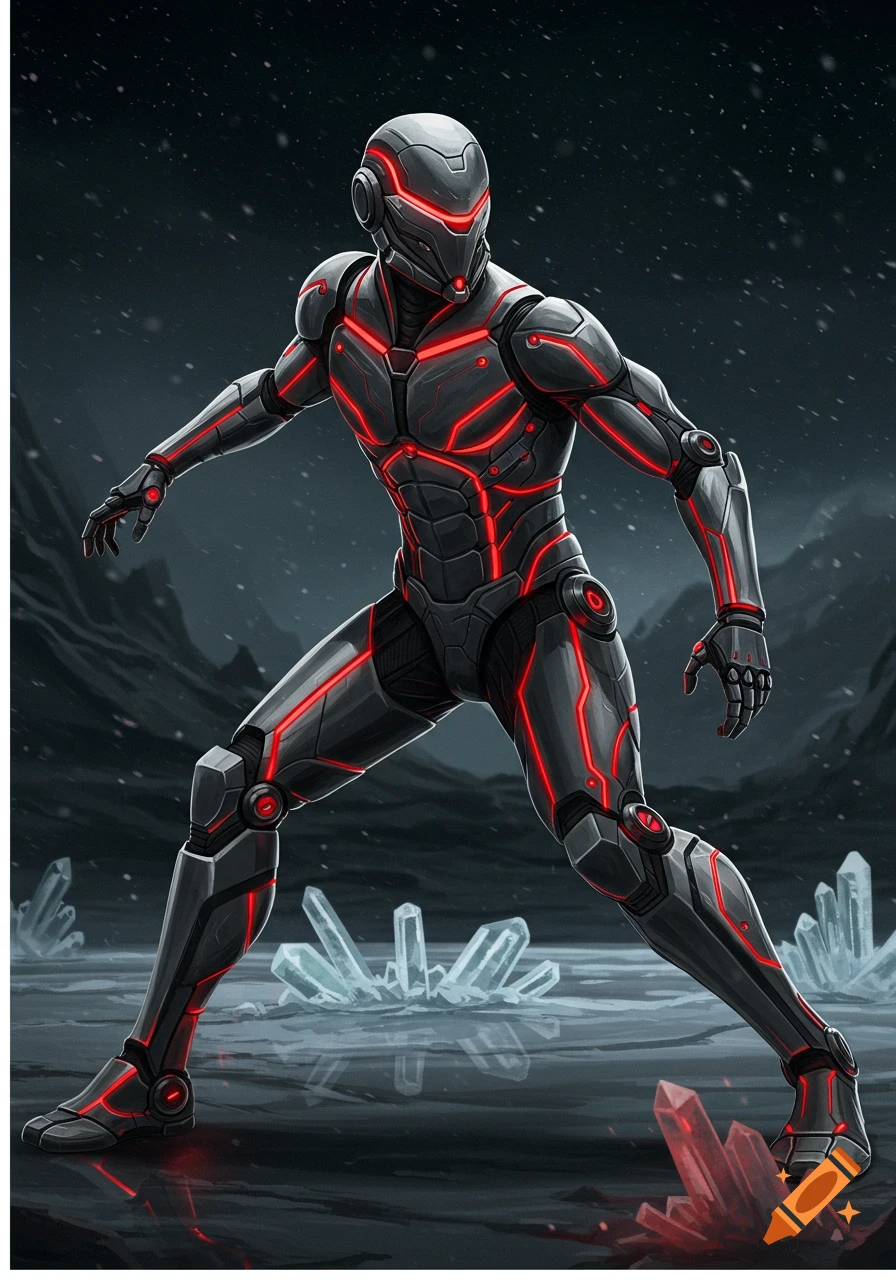 A sleek, dark gray and black futuristic armored figure with glowing red accents stands on an icy landscape with crystals.