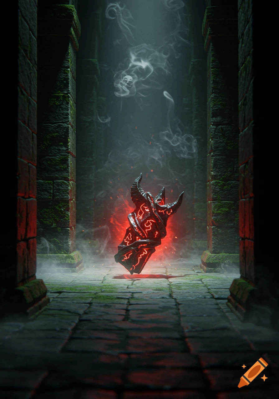 A demonic horned object with glowing red cracks floats in a dark, mossy stone labyrinth, eerie smoke swirling above.