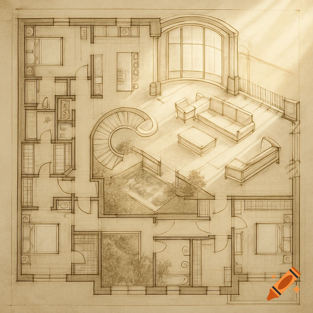 An overhead architectural sketch of a multi-room floor plan with a living area, bedrooms, a spiral staircase, and garden courtyards, rendered in sepia tones.