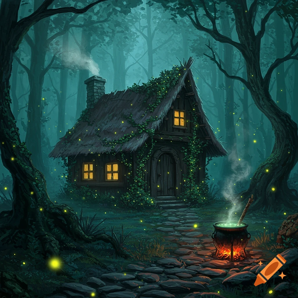 A mystical witch's hut with a thatched roof and glowing windows sits in a dark, enchanted forest with fireflies. A bubbling cauldron warms a stone path.