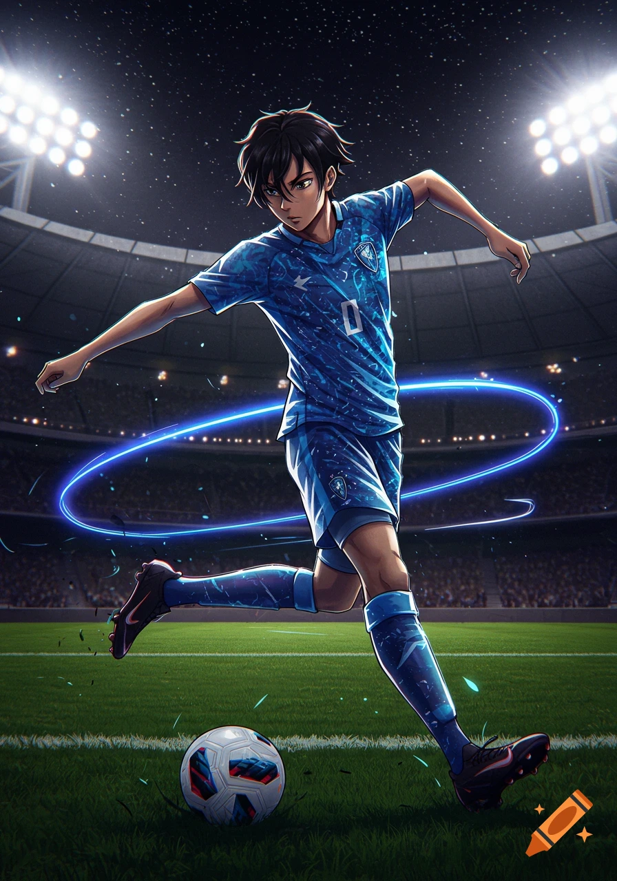 An anime-style male soccer player in a blue uniform kicks a ball on a green field in a stadium at night, with bright lights.