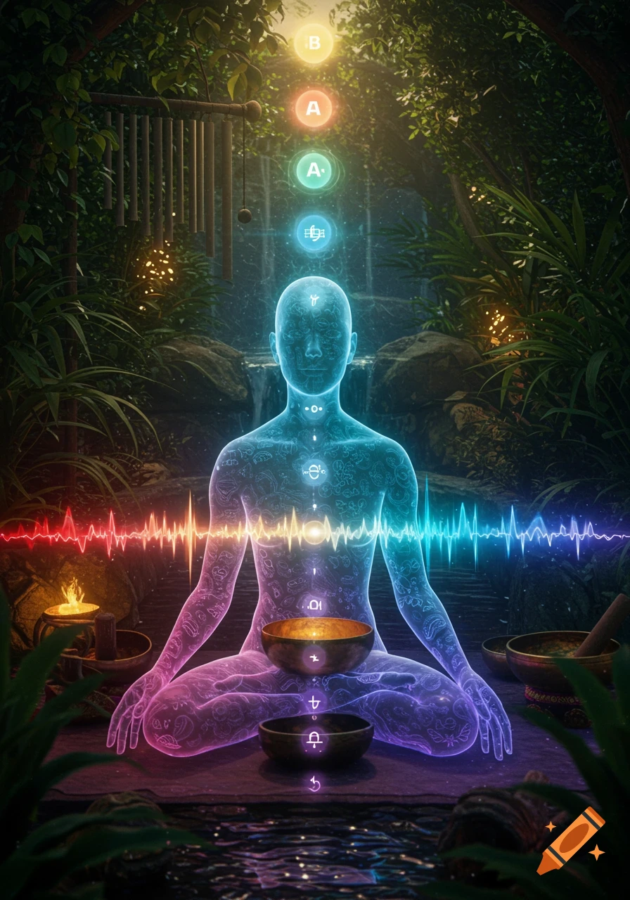 A glowing, translucent figure meditates in a jungle, surrounded by energy waves and symbolic brain frequency labels.
