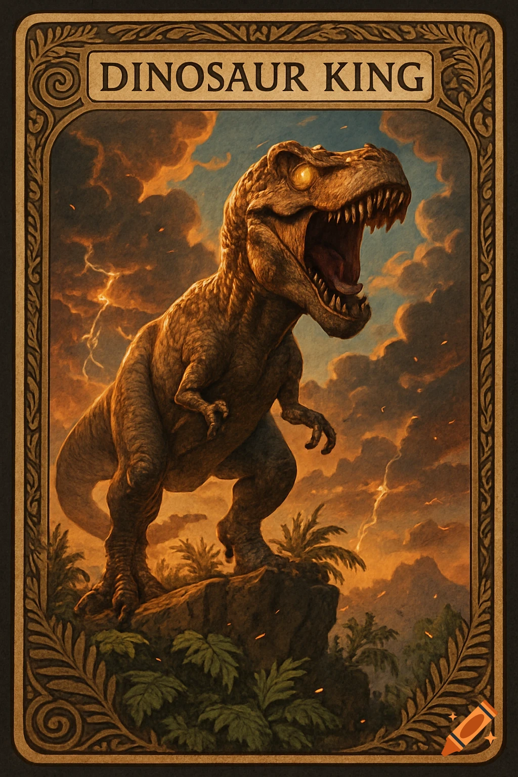 A roaring T-Rex stands on a rock under a stormy orange sky with lightning, framed like a fantasy trading card with "DINOSAUR KING" text.