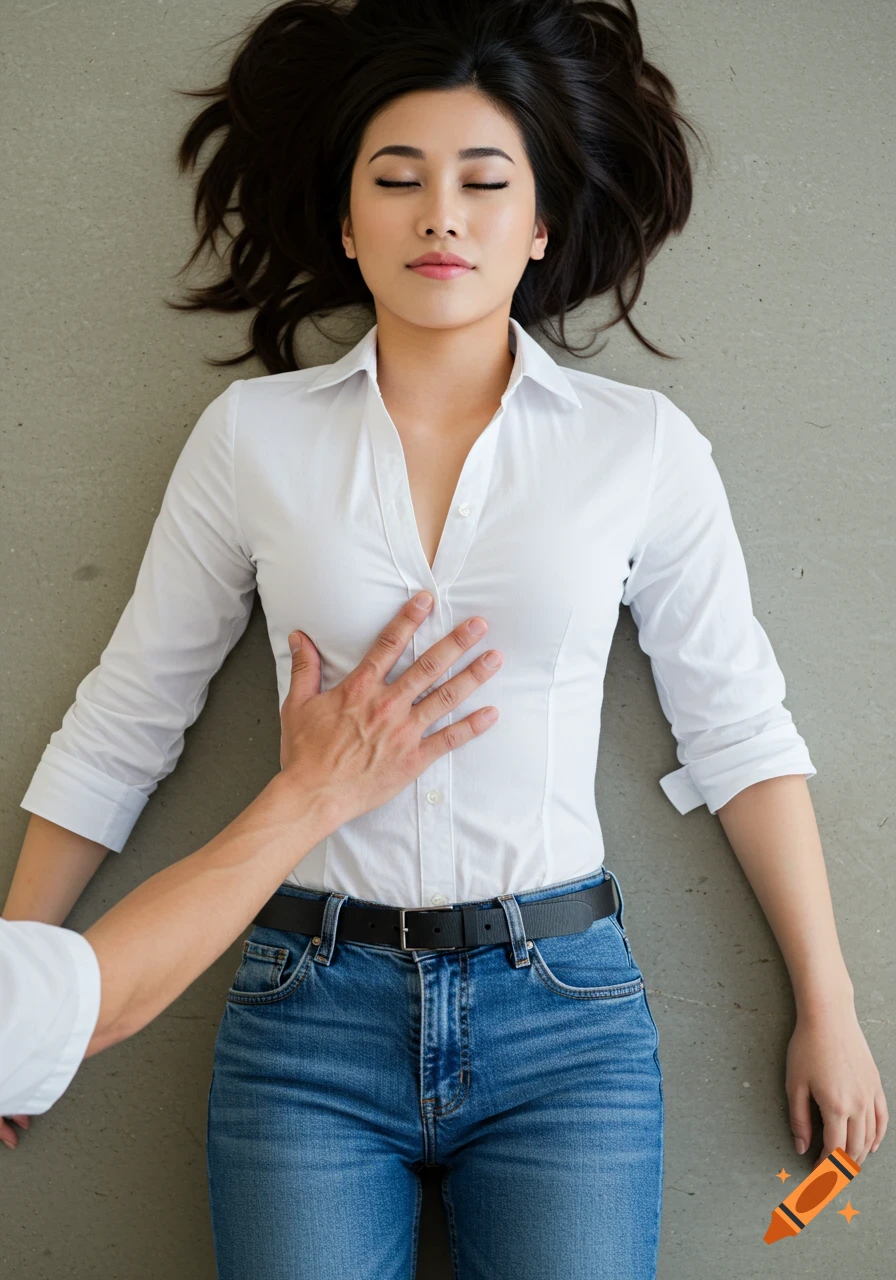 Photorealistic top-down view of a woman in a white shirt and jeans lying on the ground, eyes closed, with a man's hand on her chest checking her pulse.