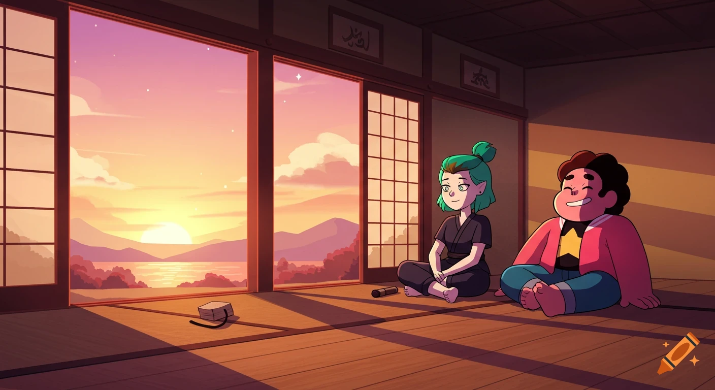 Cartoon characters Amity Blight and Steven Universe sitting in a dojo, watching the sunset over a lake.