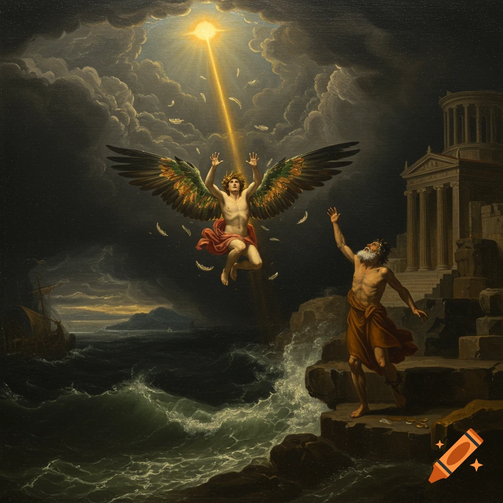 Icarus falls from the stormy sky, his wings burning, while Daedalus despairs on a rocky shore. Classical oil painting style.