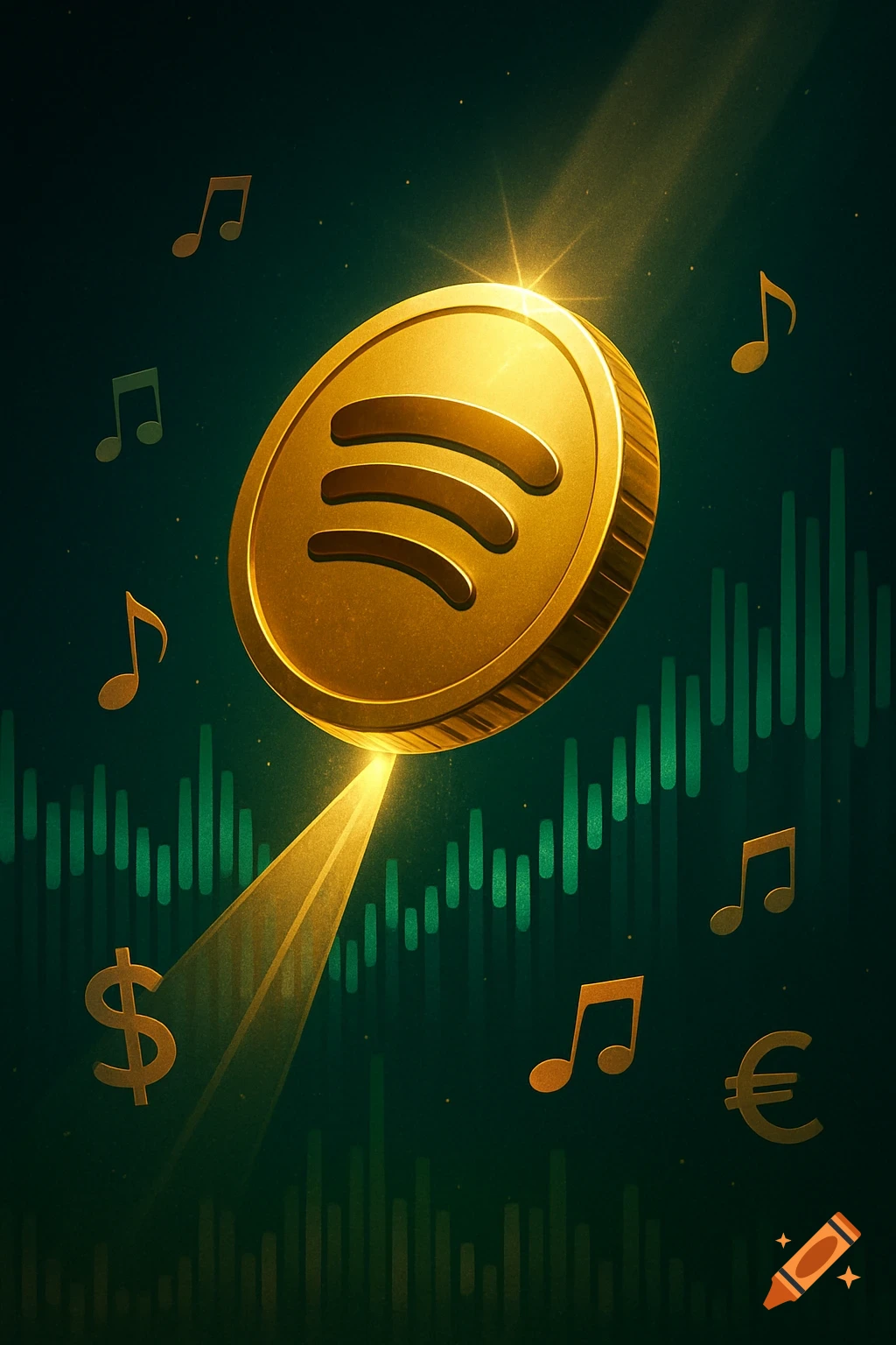 A gleaming golden Spotify coin rises, illuminated by light, surrounded by musical notes, dollar and euro signs, against a green stock graph background.