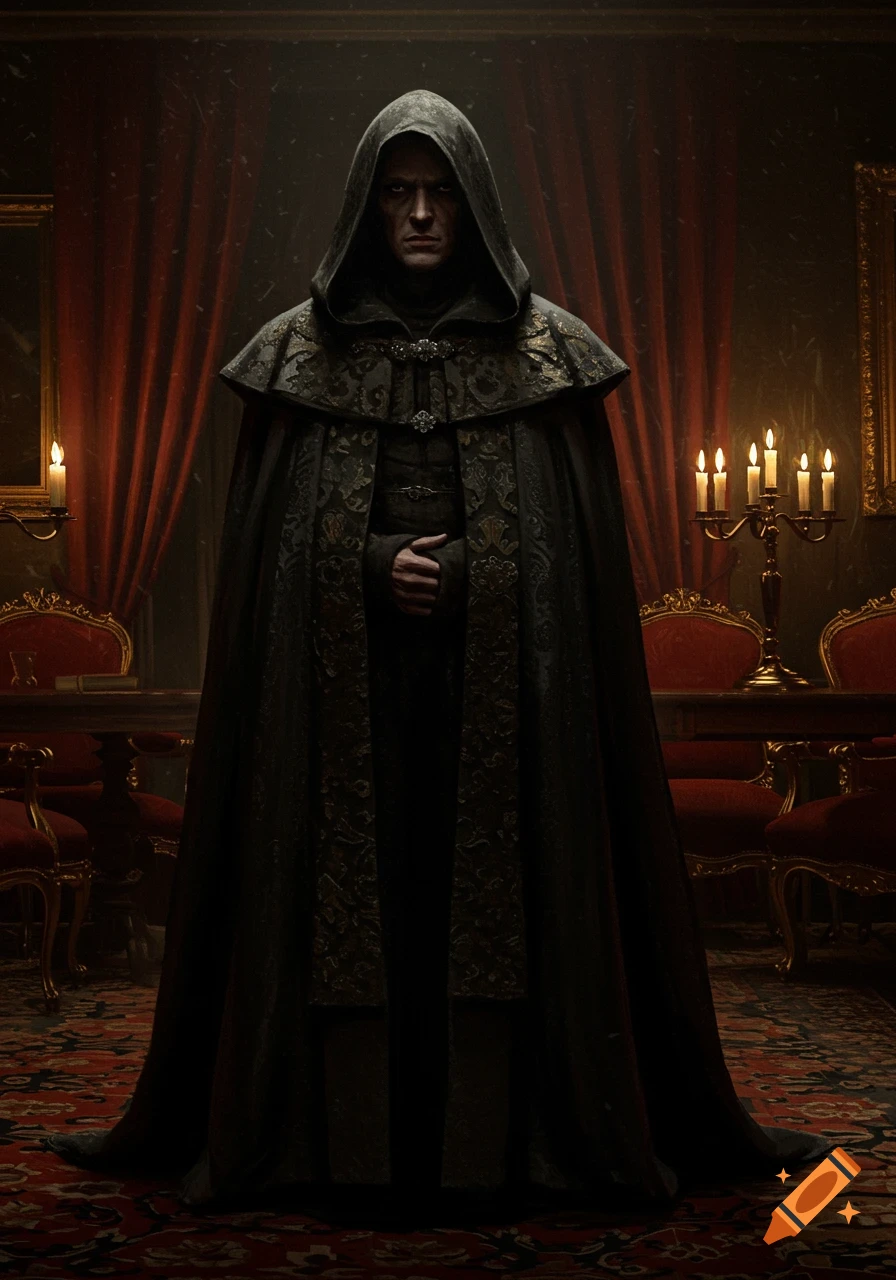 A man in a dark hooded robe stands in a dimly lit, ornate room with red curtains and candles, in the style of Sargent.