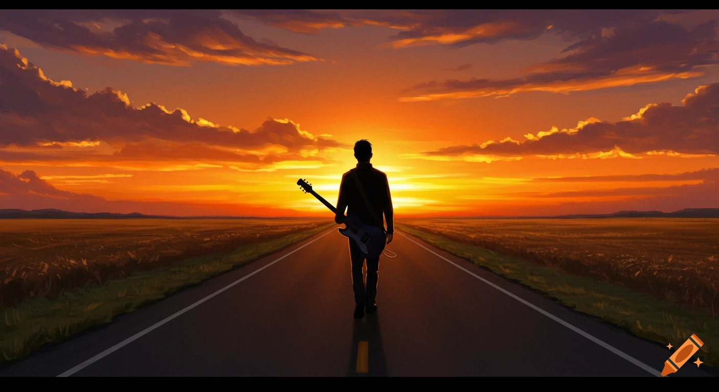 Silhouette of a man with an electric guitar walking down a long road into a vibrant orange sunset, digital painting.