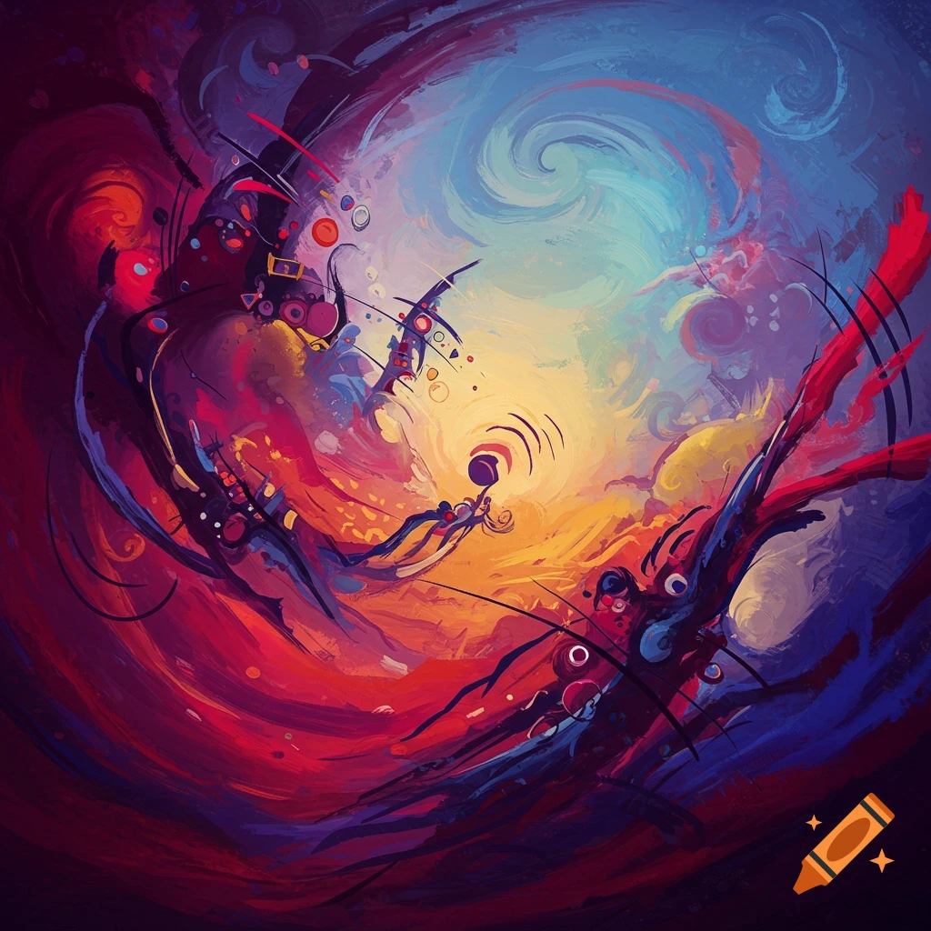 Vibrant abstract painting in Kandinsky style, with swirling forms and energetic brushstrokes in red, purple, orange, yellow, and blue.