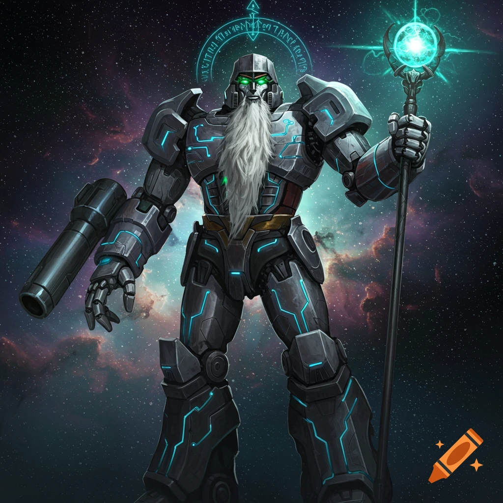 A robotic sage with a long white beard, glowing green eyes, and grey armor stands in a starry cosmic background, holding a glowing staff and cannon.