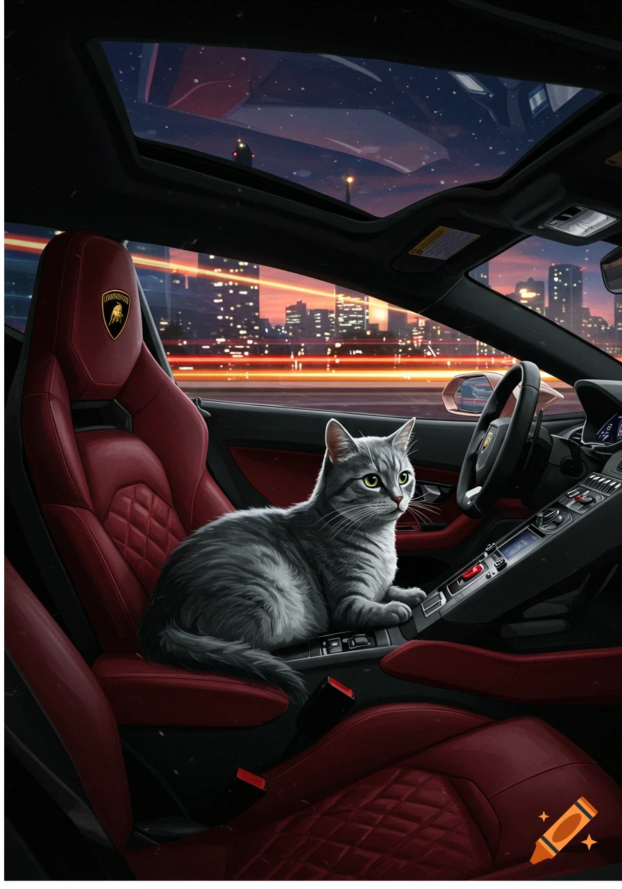 A photorealistic gray tabby cat sits in a red Lamborghini passenger seat at night, city skyline visible.