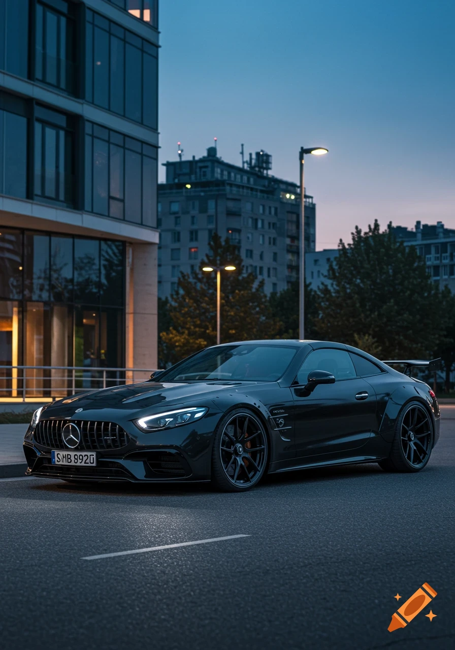 A black Mercedes-Benz SL63S widebody coupe parked on a city street at dusk, with modern buildings in the background.