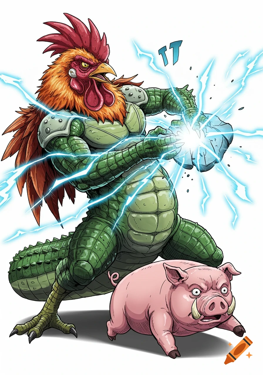 A muscular creature with a rooster head and alligator body strikes a pig with blue lightning in a comic art style.