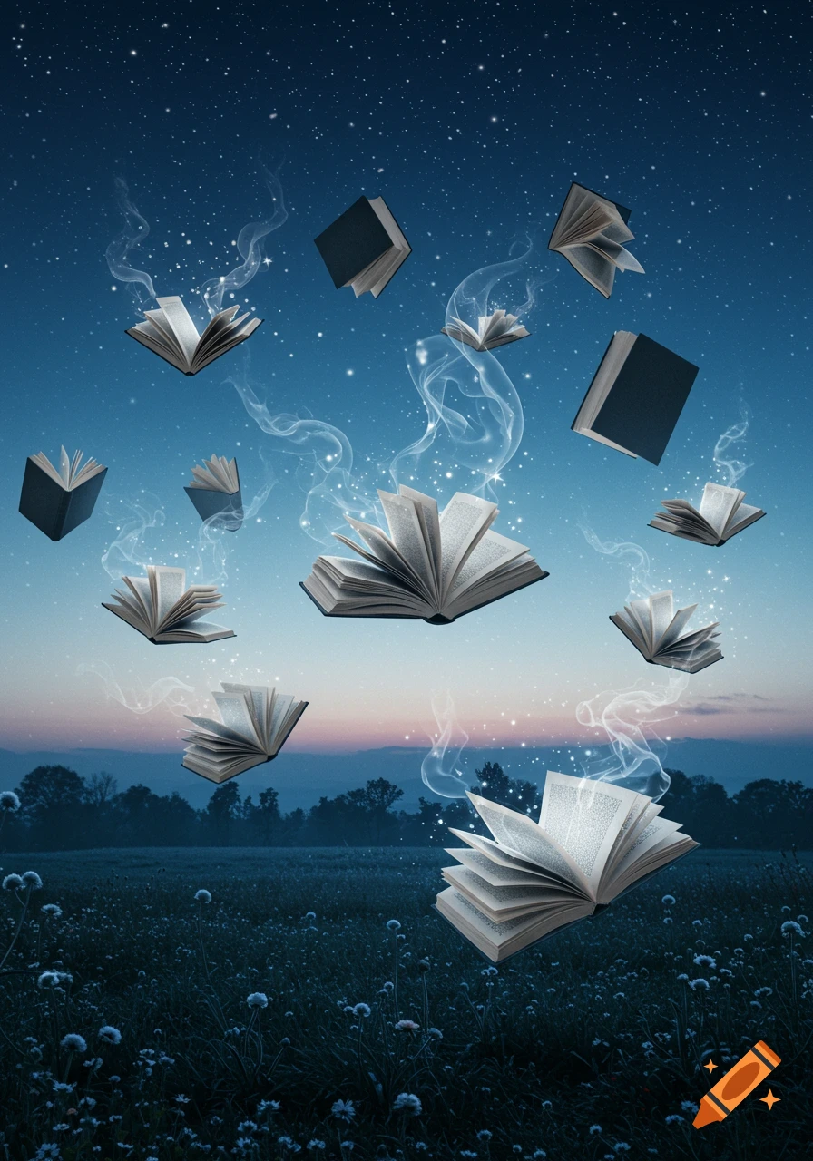 Fantasy scene with open books flying through a starry blue night sky, leaving trails of magical smoke, over a dark field.