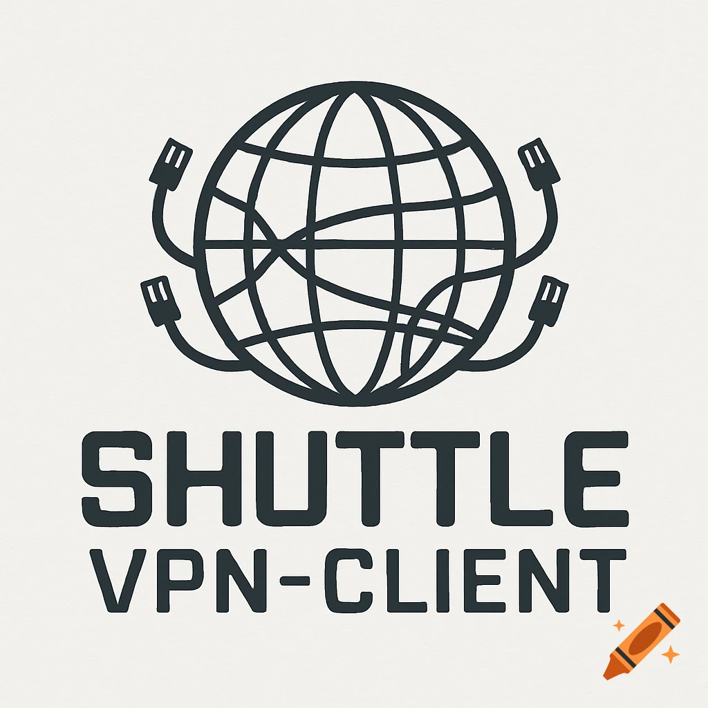 A black outline logo showing a globe with network cables plugged into it, above the text "SHUTTLE VPN-CLIENT" on a light background.