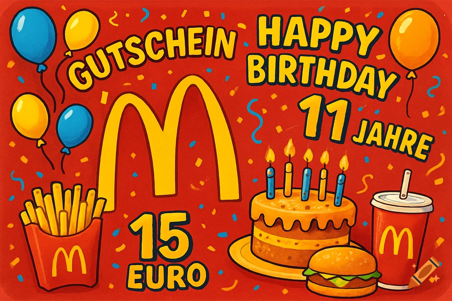 A cartoon McDonald's birthday voucher with fries, a burger, a drink, cake, balloons, and confetti. Text: "GUTSCHEIN HAPPY BIRTHDAY 11 JAHRE 15 EURO".