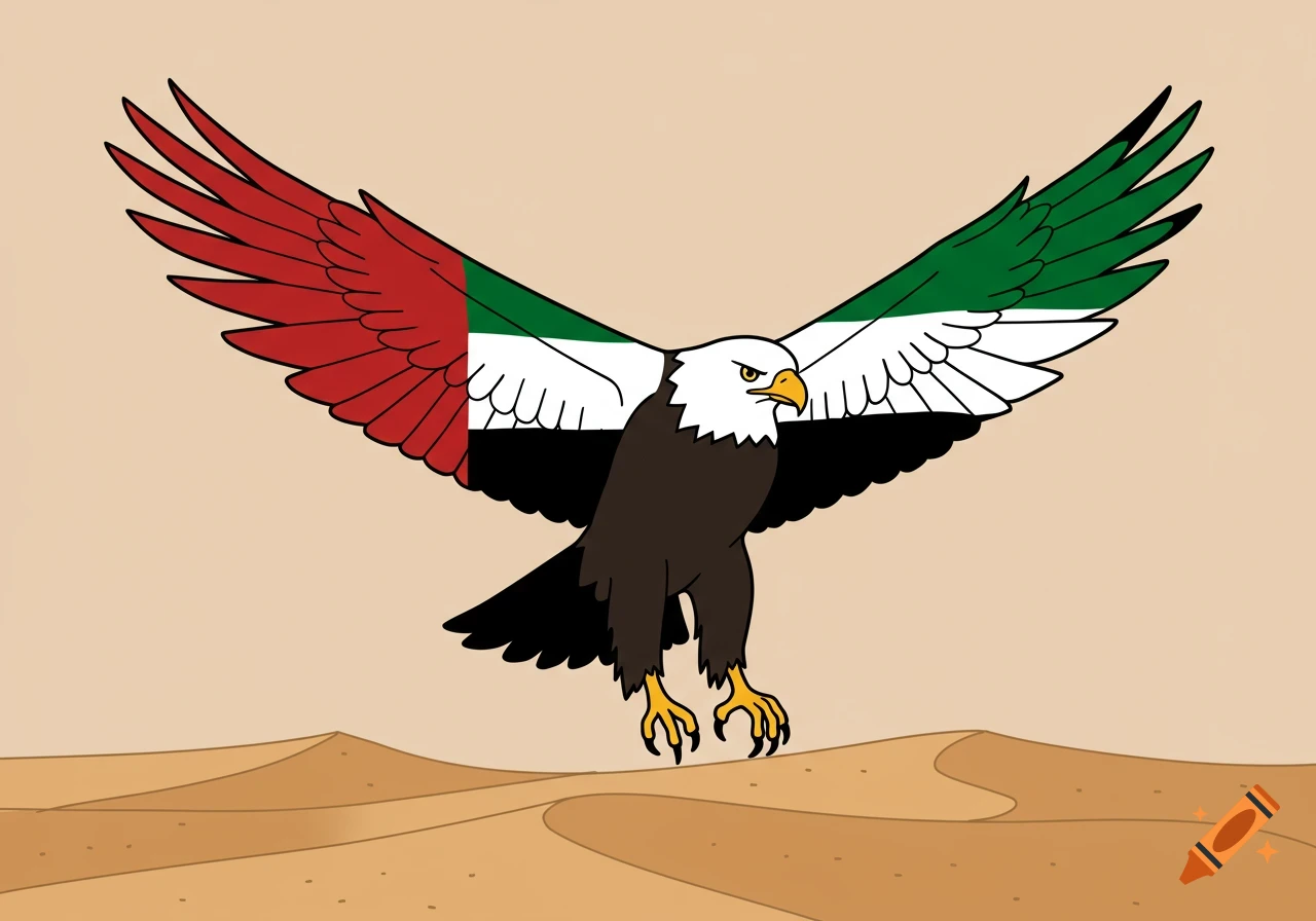 Cartoon eagle with wings patterned like the UAE flag, flying over desert dunes.