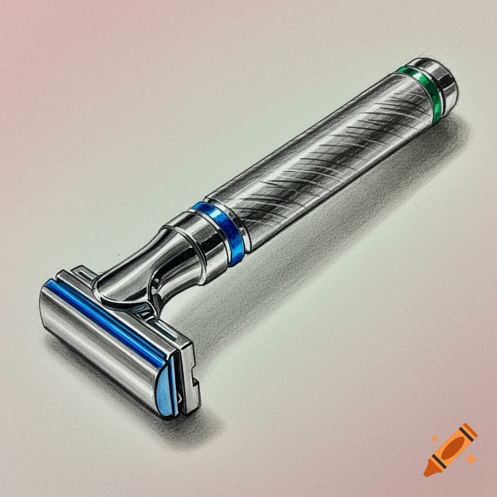 Detailed colored pencil drawing of a shiny chrome razor with blue and green bands on a light background.
