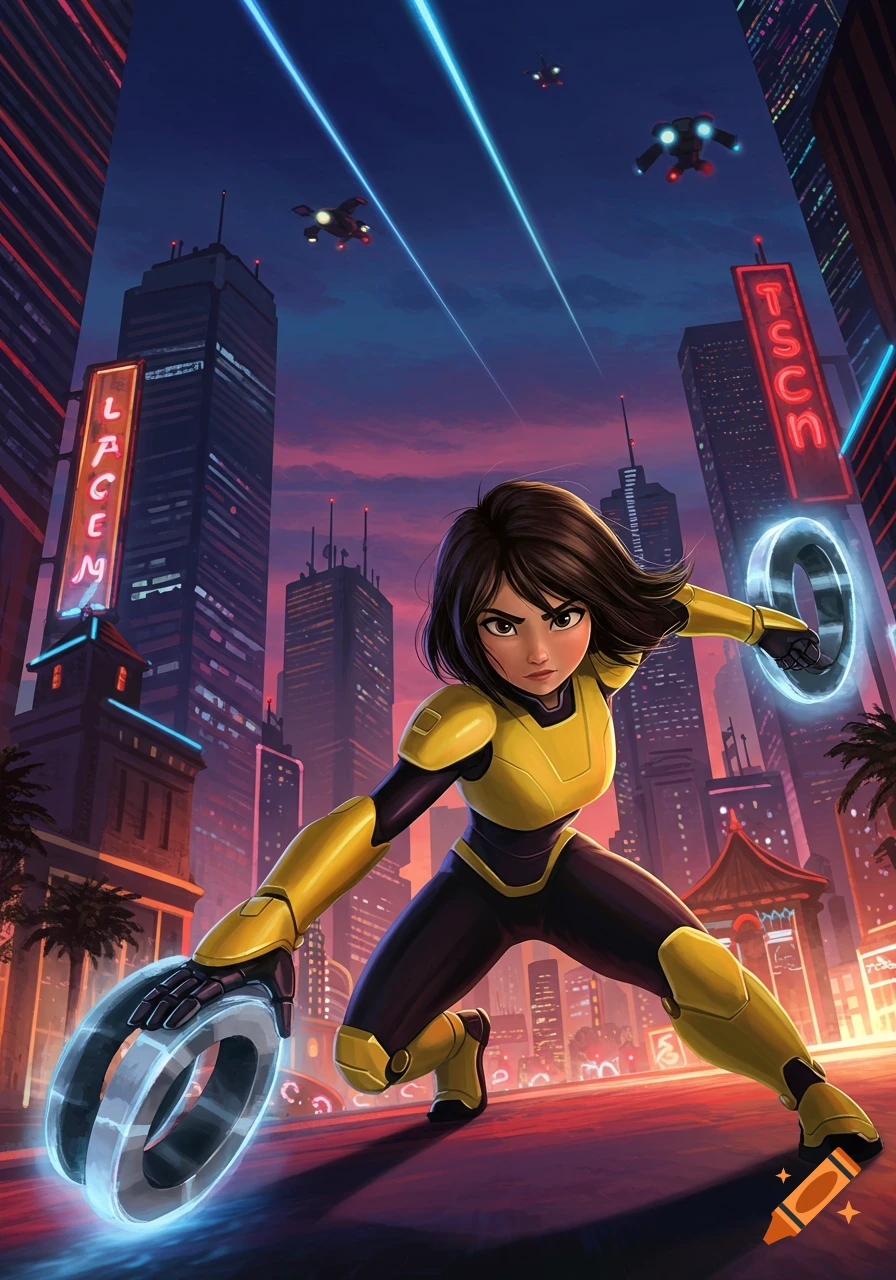 Gogo Tomago in a yellow and black suit crouches, holding glowing rings in a futuristic city at dusk with neon lights and drones.