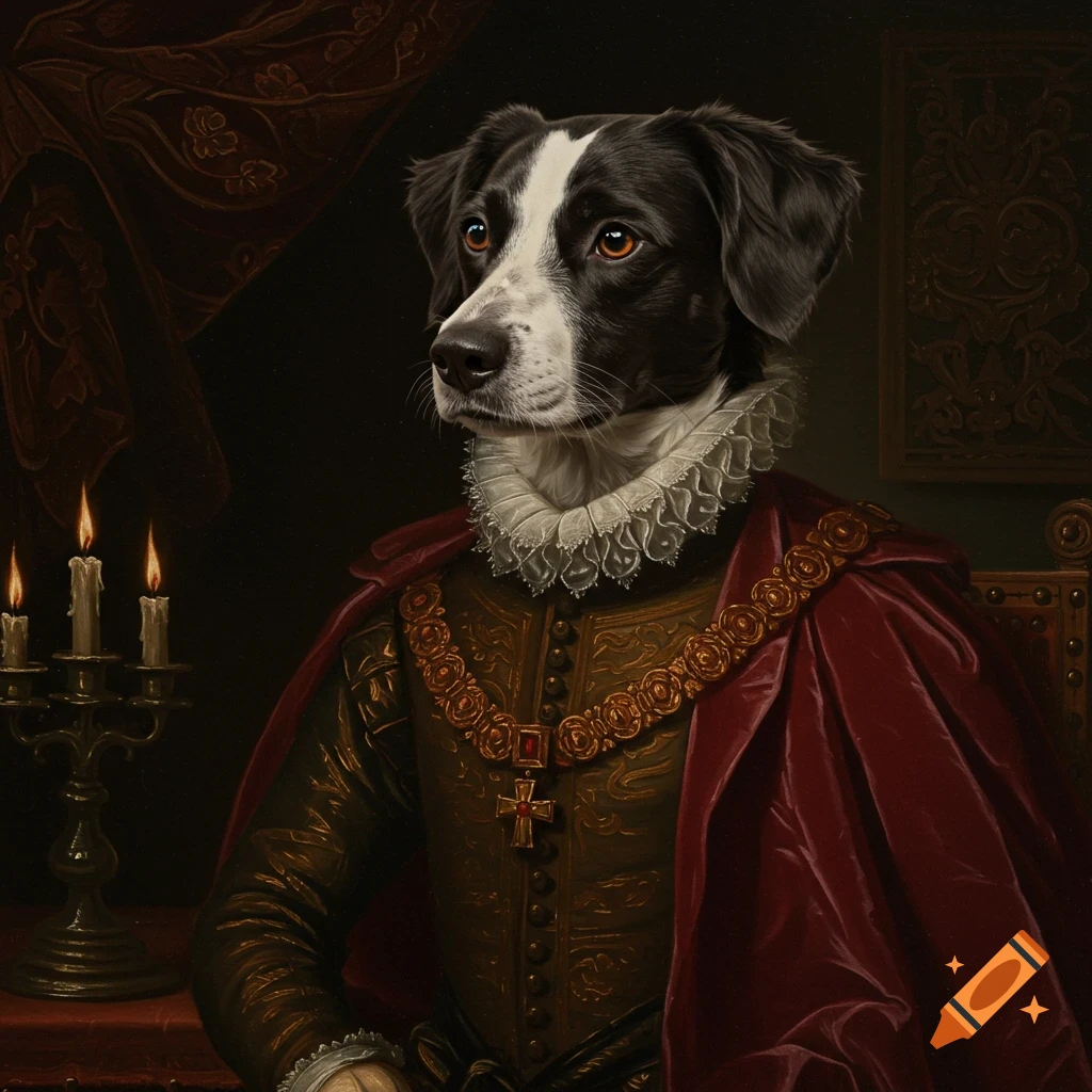 A black and white dog in Renaissance royal attire, including a ruffled collar, gold-embroidered doublet, and red cape, in an oil painting style.