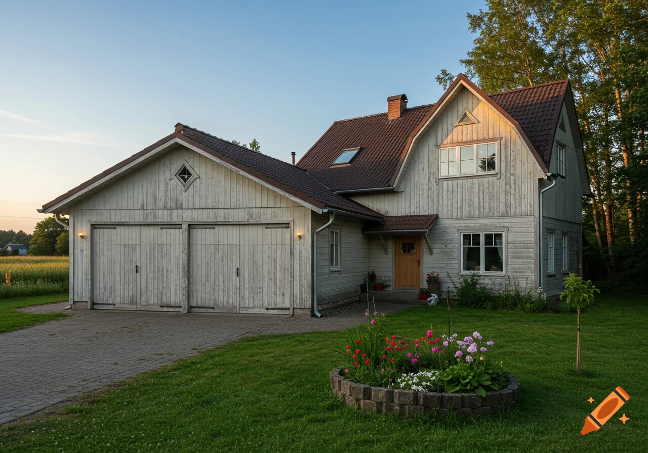 Photorealistic image of a light-colored country house with a large garage, green lawn, and flowerbed under a blue sky.