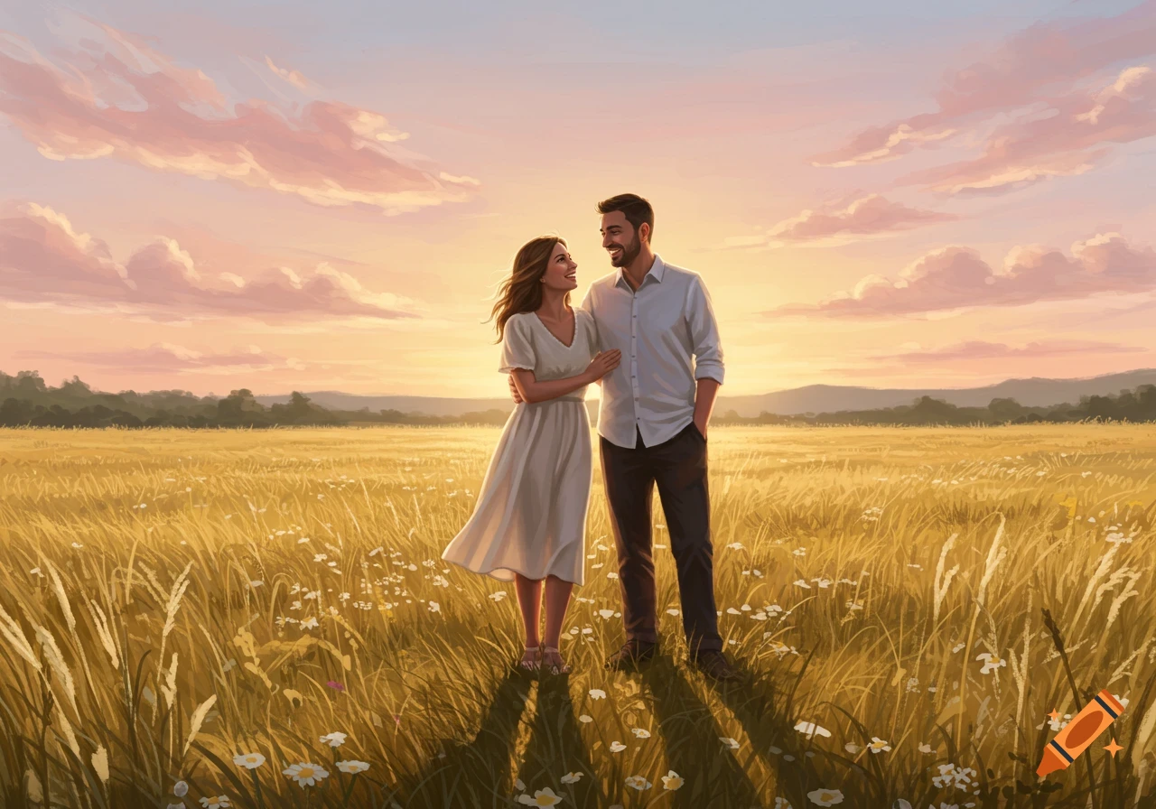 A happy couple standing embraced in a golden field under a vibrant sunset sky, in a digital painting style.