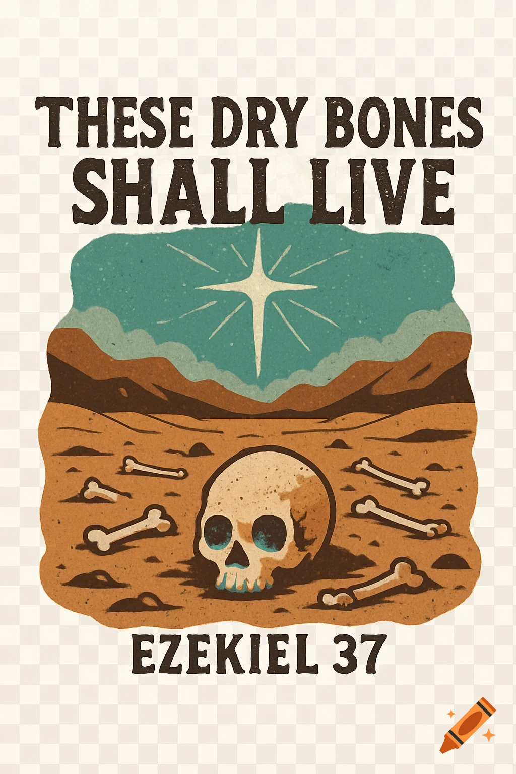 Stylized illustration of a skull and bones in a desert under a star, with text 'These dry bones shall live - Ezekiel 37'.