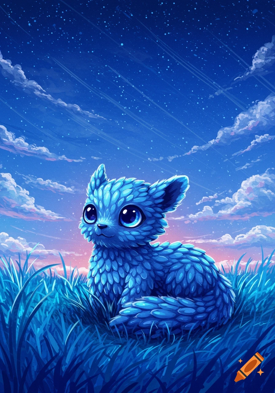 A cute blue feathery creature with big eyes sits in blue grass under a starry twilight sky, digital illustration.