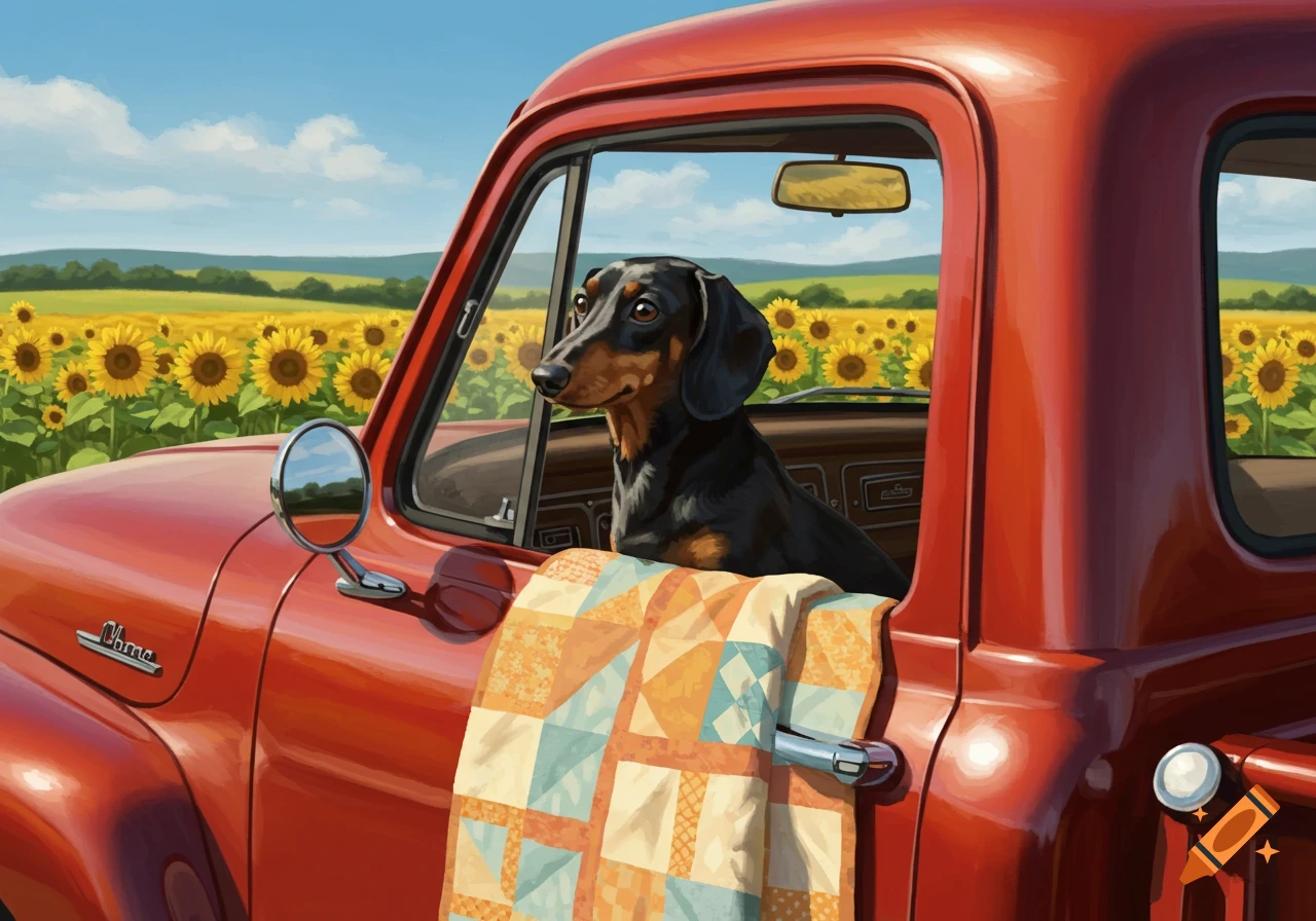 A black and brown dachshund sits in a red pickup truck parked in a sunflower field under a blue sky, rendered in a painterly style.