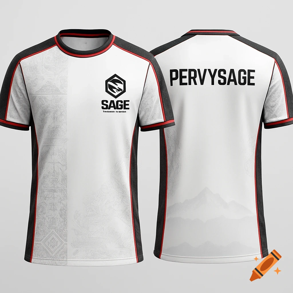 A white esports jersey mockup with black and red trim. The front features a "SAGE" logo and text, while the back displays "PERVYSAGE" in bold letters.
