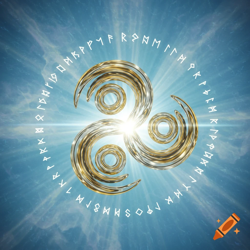 A golden triskelion symbol with three interlocking spirals, emanating bright light against a blue, cloudy sky. White runes encircle the symbol.