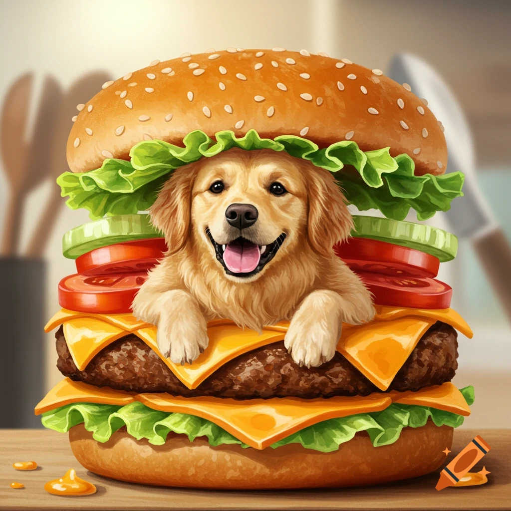 A happy golden retriever puppy peeking out from the middle of a large, juicy hamburger with lettuce, tomato, and cheese.