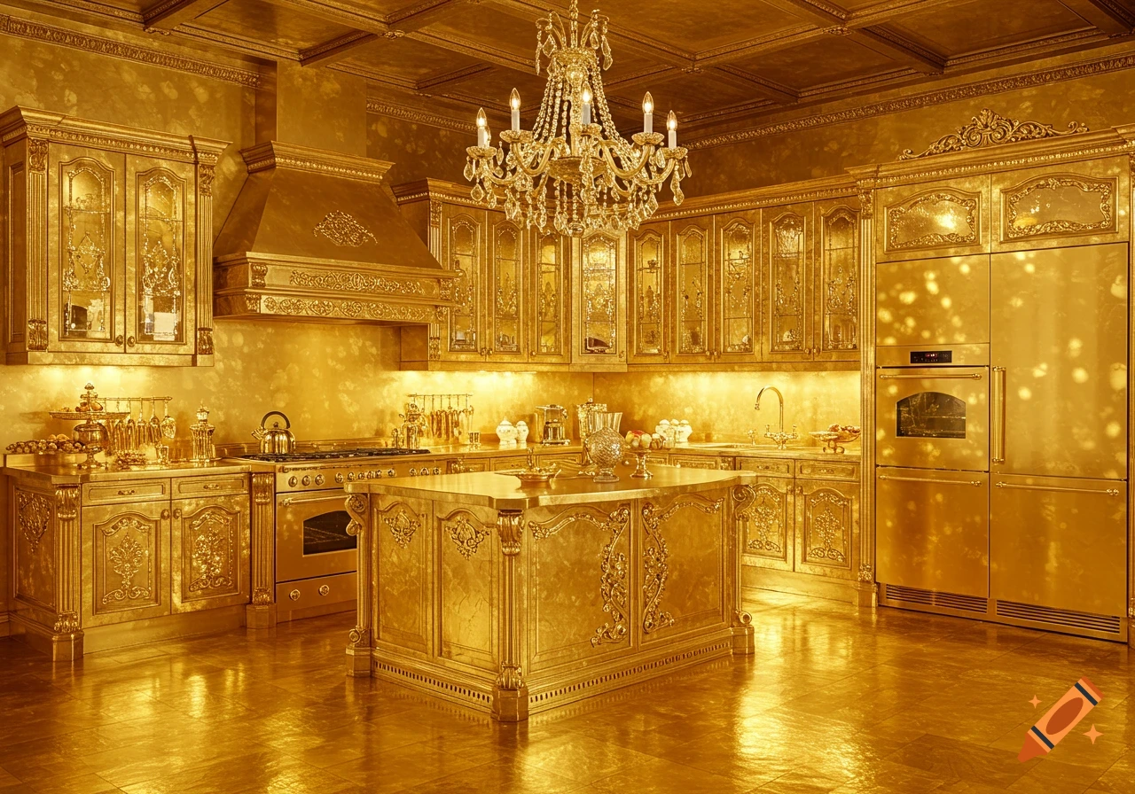 A lavish kitchen entirely covered in gleaming, reflective gold surfaces, featuring ornate cabinetry, a large island, and a chandelier.
